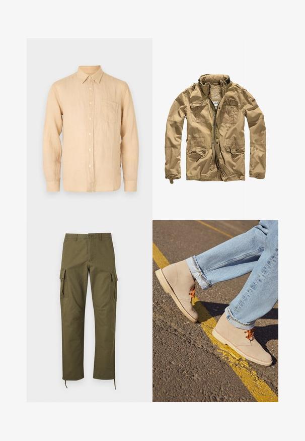 Khakijacke aus strapazierfähigem Material, mit hohem Kragen, durchgehendem Reißverschluss und mehreren Taschen mit Knopfklappen. Die strukturierte Oberfläche verleiht dem Design zusätzliche Tiefe.; Beige Leinenhemd mit langen Ärmeln, Button-Down-Kragen, Fronttasche und einer glatten, leicht strukturierten Oberfläche. Klassische Passform und schlichtes Design.; Olivgrüne Cargohosen mit seitlichen Klappentaschen, vorderer Knopfleiste, Gürtelschlaufen und verstellbaren Kordeln am Saum.; Beige Wildleder-Ankelboots mit orangefarbenen Schnürsenkeln, runder Spitze und einer leichten Gummisohle, kombiniert mit hellblauen, umgeschlagenen Jeans.