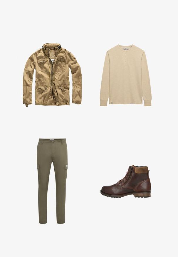 Chaqueta caqui hecha de tela duradera, con un alto cuello, cierre de cremallera en la parte delantera y múltiples bolsillos con solapas de botón. El acabado texturizado realza el diseño.; Camisa henley beige de manga larga con cuello redondo y tres botones, con un pequeño logo bordado en el pecho y una etiqueta en el dobladillo.; Pantalones cargo verde oliva fabricados con un tejido ligero, con un corte recto, bolsillos laterales y puños elásticos en los tobillos.; Botín marrón de cuero con cordones delanteros, cremallera lateral, cuello acolchado y tacón bajo apilado sobre fondo blanco.