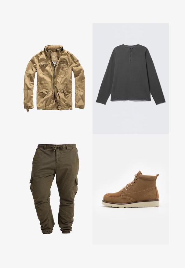 Khaki jakke lavet af slidstærkt stof, med høj krave, lynlås foran og flere lommer med knappede klapper. Den strukturerede overflade fremhæver designet.; Mørkegrå langærmet henley-shirt med rund halsudskæring og tre knapper på frontpladen.; Olivenfarvede cargo-bukser lavet af blød bomuld, med justerbar taljesnor, elastiske cuffs og sidelommer.; Brune ruskindsankelstøvler med rund tå, snørebånd foran og en beige gummisål, der har subtile syninger og en løkke bagpå.