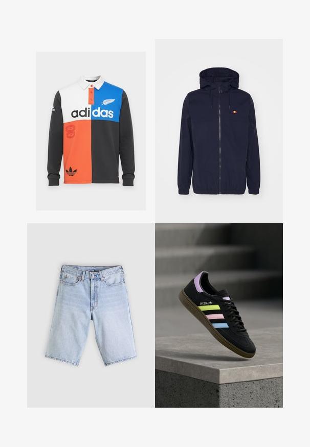 Marinefarbene leichte Jacke mit Kapuze, frontalem Reißverschluss, elastischen Bündchen und Saum. Mit einem kleinen roten und gelben Logo auf der linken Brust.; Langärmliges Polohemd mit Farbblockierung in Schwarz, Weiß, Orange und Blau, mit Kragen, Knopfleiste und auffälligem Adidas-Logo.; Hellblaue Jeansshorts mit vorderem Knopf und Reißverschluss, Gürtelschlaufen und einem Fünf-Taschen-Design, flach auf einem weißen Hintergrund liegend.; Schwarzer Adidas Spezial Sneaker mit pastellgelben, pinken und blauen Streifen, lavendelfarbenem Fersenlaschen und brauner Sohle, schwebend über einer Betonkante.
