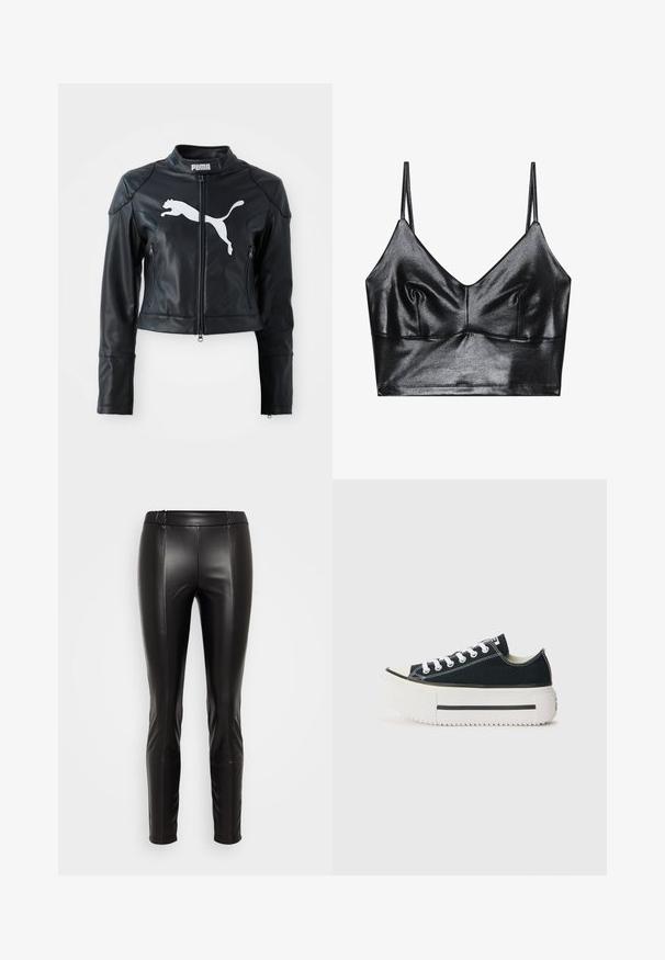 Schwarze Leder-Cropped-Jacke mit Stehkragen, frontalem Reißverschluss und zwei Reißverschlusstaschen. Besitzt ein weißes Puma-Logo auf der Brust.; Schwarzer, glänzender Bralette mit dünnen verstellbaren Trägern, V-Ausschnitt, glatter Textur und dezentem Gather an der Brust für eine schöne Form.; Schwarze Fleece-Leder-Leggings mit elastischem Bund, figurbetonter Silhouette, glatter Textur und Nahtdetails, die nach vorne verlaufen.; Schwarze Canvas-Sneaker mit einer weißen Gummisohle, die eine dicke Plateausohle, weiße Schnürsenkel und kontrastierende Nähte entlang der Nähte aufweisen.