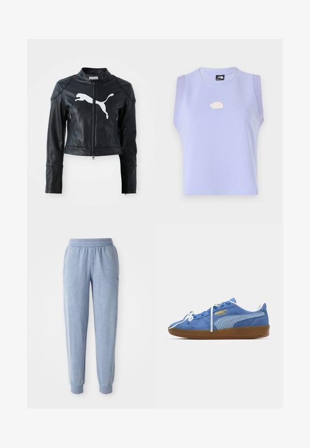 Chaqueta corta de cuero negro con cuello alzado, cremallera frontal y dos bolsillos con cremallera. Presenta un logo blanco de Puma en el pecho.; Top corto sin mangas en color púrpura, hecho de un material suave, que presenta un escote redondeado y un pequeño logo bordado en la parte delantera.; Pantalones de chándal azules hechos de una tela suave con una cintura y puños elásticos; presentan una sutil textura y un pequeño logo en un lado.; Zapatilla de ante azul con cordones blancos y un panel lateral de cuadros. Presenta una suela de goma marrón y detalles del logotipo en dorado.