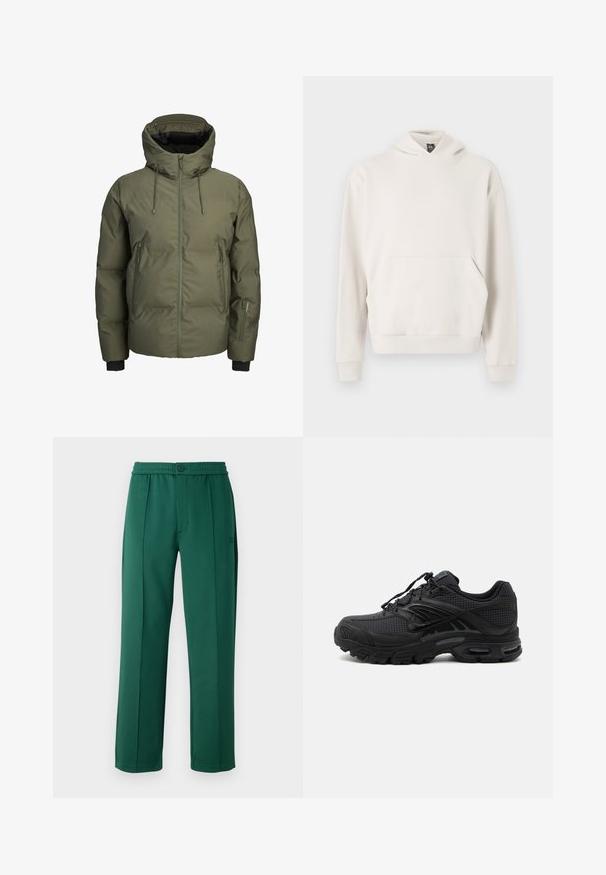 Groene gewatteerde winterjas met capuchon, voorzijde met rits, twee zijzakken met rits en een extra kleine ritssluiting op de linkermouw.; Oakley SOHO HOODIE - Hoodie - mist; Groene polyester broeken met een ontspannen pasvorm, elastische tailleband, voorplooien en een enkele knoopsluiting. Gladde textuur en recht model.; Zwarte atletische sneaker met textuurstof, dikke gevoerde zool, luchtopeningen en vetersluiting, vanaf de zijkant weergegeven tegen een lichte achtergrond.