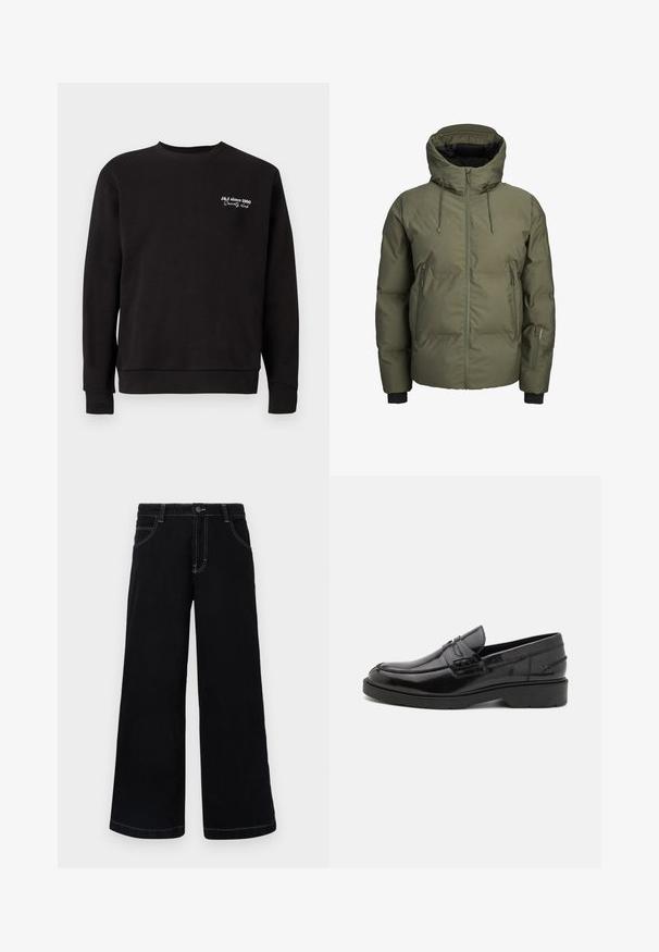 Grüne gesteppte Winterjacke mit Kapuze, Frontreißverschluss, zwei seitlichen Reißverschlusstaschen und einer zusätzlichen kleinen Reißverschlusstasche am linken Ärmel.; Schwarzer Pullover mit Rundhalsausschnitt, gerippten Bündchen und Saum. Mit weißem gesticktem Text "J&J seit 1990 Society Club".; Schwarze weit geschnittene Jeanshose aus Denim, mit Knopfverschluss, fünf Taschen und kontrastierendem weißen Nähten entlang der Nähte.; Schwarze Lederloafers mit glatter Oberfläche, abgerundetem Zehenbereich, niedrigem Absatz und dekorativer Naht entlang der Vorderseite. Gummisohle für guten Halt.