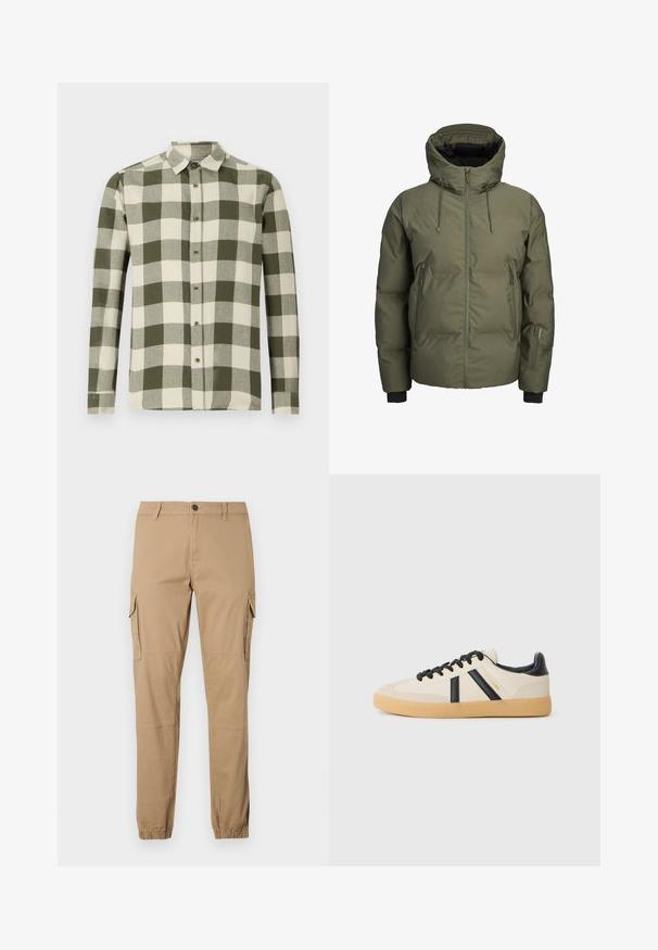 Groene gewatteerde winterjas met capuchon, voorzijde met rits, twee zijzakken met rits en een extra kleine ritssluiting op de linkermouw.; Lange mouwen shirt in een groen en crème checkpatroon, gemaakt van lichte stof, met een button-down kraag en knopen aan de voorkant.; Beige cargobroek gemaakt van een katoenmix, met zijzakken, taps toelopende pijpen, elastische boorden en een knoopsluiting in de taille.; Casual sneakers in crème met zwarte strepen, voorzien van een gestructureerde bovenkant en een gumrubberen zool. Veters zijn zwart. Subtiel logo aan de zijkant.
