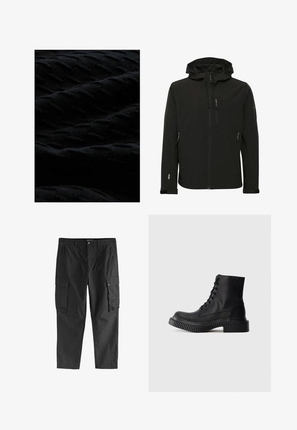 Sort softshell-jakke med en tætsiddende hætte, lynlåslommer, tekstureret stof og kontrasterende syninger langs skuldrene og siderne.; Sort stof med et struktureret, diagonalt ribbet strikmønster, der skaber hævede ribber og bløde skygger hen over overfladen.; Sorte cargobukser med lynlåslommer foran, knaplukning på sidelommer med klap og bæltestropper, vist mod en hvid baggrund.; Sorte læder ankelstøvler med rund tå, snøredesign og tyk ribbet sål. Glat tekstur med minimal syning og ingen synlige detaljer.