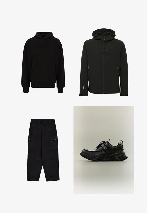 Zwarte softshell jas met een aangesloten capuchon, ritszakken, gestructureerde stof en contrasterende naden langs de schouders en zijkanten.; Zwarte pullover hoodie met een voorzak, ribgebreide manchetten en zoom. Gemaakt van zachte stof; heeft een relaxed fit en een verstelbare capuchon.; Zwarte cargobroek met een knoop en rits aan de voorkant, zijflapzakken met knopen en verstelbare trekkoorden aan de onderkant.; Zwarte stevige sportschoen met verstelbare riem, koordstopper en robuuste zool, getoond in zijaanzicht tegen een neutrale achtergrond.