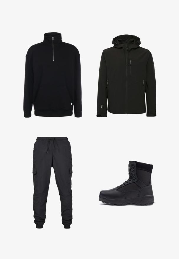 Zwarte softshell jas met een aangesloten capuchon, ritszakken, gestructureerde stof en contrasterende naden langs de schouders en zijkanten.; Zwarte sweatshirt met rits en lange mouwen, zachte textuur, een voorzak en een klein groen logo aan de onderrand.; Zwarte cargobroek met een elastische tailleband en trekkoord, voorzien van zijzakken en geribbelde uiteinden. Gemaakt van lichtgewicht, duurzaam materiaal.; Zwarte tactical boot met een gladlederen bovenkant en stofpanelen, hoge enkelontwerp, vetersluiting aan de voorkant en robuuste rubberen zool.