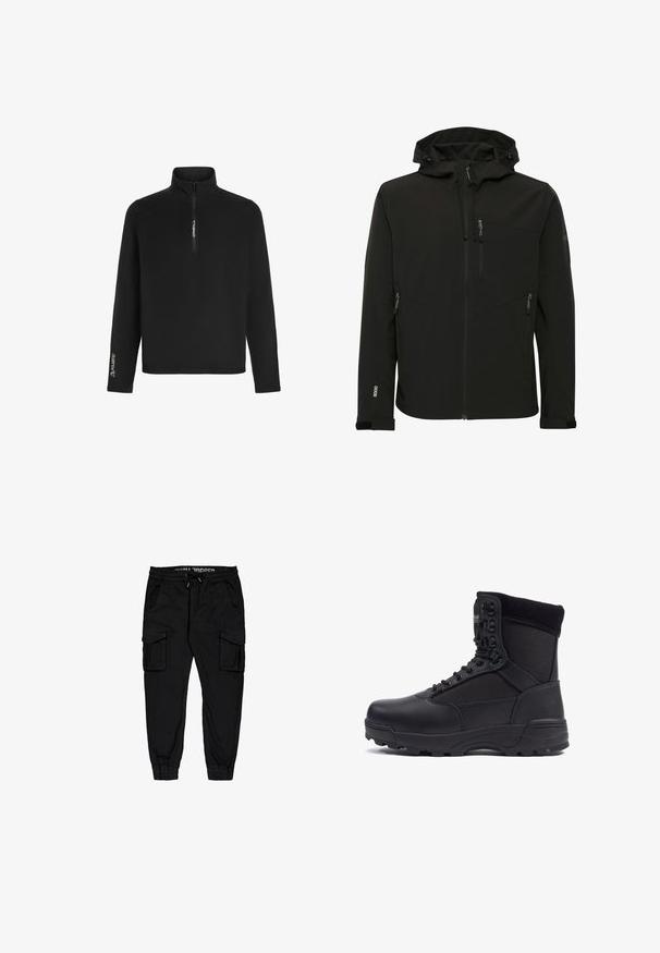 Veste softshell noire avec une capuche ajustée, poches zippées, tissu texturé et coutures contrastées le long des épaules et des côtés.; Le pull en molleton noir présente un col zippé sur un quart, des manches longues et un logo Polartec sur la manche gauche pour une isolation et un confort optimal.; Pantalons cargo noirs en tissu léger, dotés d'une taille élastique, d'un cordon de serrage et de plusieurs poches latérales avec des poignets fuselés.; Botte tactique noire avec une tige en cuir lisse et des panneaux en tissu, design montante, fermeture à lacets à l'avant et semelle en caoutchouc robuste.