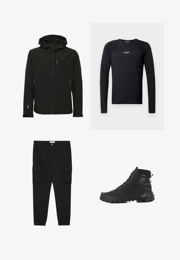 Μαύρο μαλακό μπουφάν από ύφασμα softshell με εφαρμοστό καπέλο, τσέπες με φερμουάρ, υφή υφάσματος και αντίθετες ραφές στους ώμους και τις πλαϊνές πλευρές.; Μαύρο αθλητικό μπλουζάκι με μακριά μανίκια, φτιαγμένο από λείο και ελαφρύ ύφασμα. Διαθέτει στρογγυλή λαιμόκοψη, μανίκια ραγλάν και διακριτό λογότυπο στο στήθος.; Μαύρο cargo παντελόνι με ίσιες γραμμές, ελαστικές μανσέτες και πολλαπλές πλευρικές τσέπες. Κατασκευασμένο από υφή ύφασμα με κλείσιμο κουμπιού.; Μαύρες ψηλές μποτάκες με υφή, διαθέτοντας αδιάβροχο σχεδιασμό, σύστημα δέσιμου και έντονη καουτσούκ σόλα με σήμα Vibram.