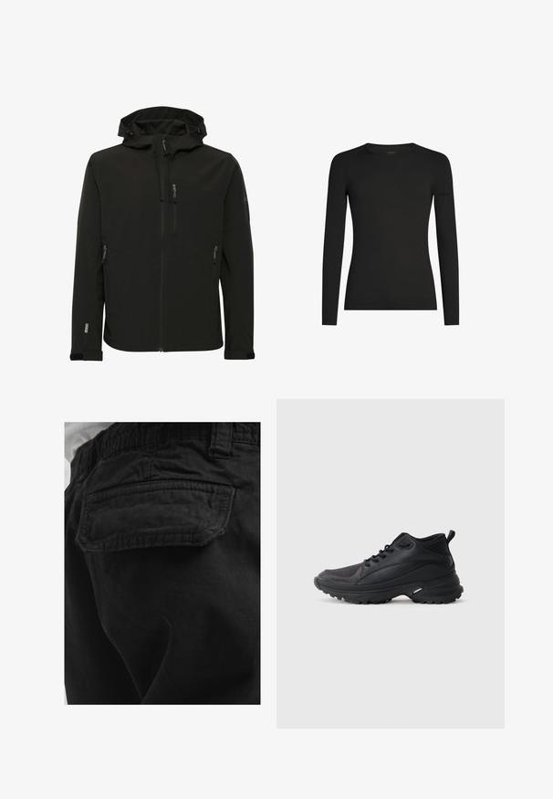 Veste softshell noire avec une capuche ajustée, poches zippées, tissu texturé et coutures contrastées le long des épaules et des côtés.; Chemise noire à manches longues, ajustée, avec col ras du cou, arborant un logo Icebreaker discret sur la manche gauche, présentée sur un fond blanc.; Poche arrière d’un pantalon noir avec rabat et coutures visibles, porté par une personne en chemise blanche.; Chaussures de sport noires en matériau synthétique. Dotées d'un col rembourré, d'un embout rond, d'une semelle extérieure robuste avec traction, et d'un détail avec le logo de la marque.