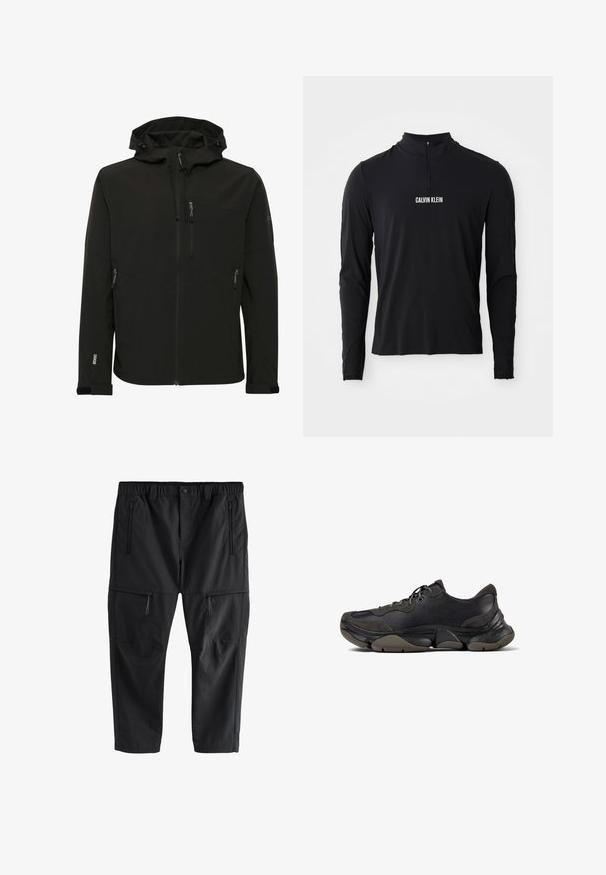 Chaqueta softshell negra con capucha ajustada, bolsillos con cremallera, tejido texturizado y costuras en contraste a lo largo de los hombros y los lados.; Top negro de manga larga con cuello alto, que presenta una cremallera de cuarto y el logo blanco "CALVIN KLEIN" en la parte frontal. Tejido suave y elástico.; Pantalones cargo negros con cintura elástica, cierre con botón y cuatro bolsillos con cremallera, mostrados sobre un fondo blanco.; Zapatilla deportiva negra con suela texturizada, parte superior de cuero y gamuza, cuello acolchado y cierre con cordones, mostrada en perfil lateral.