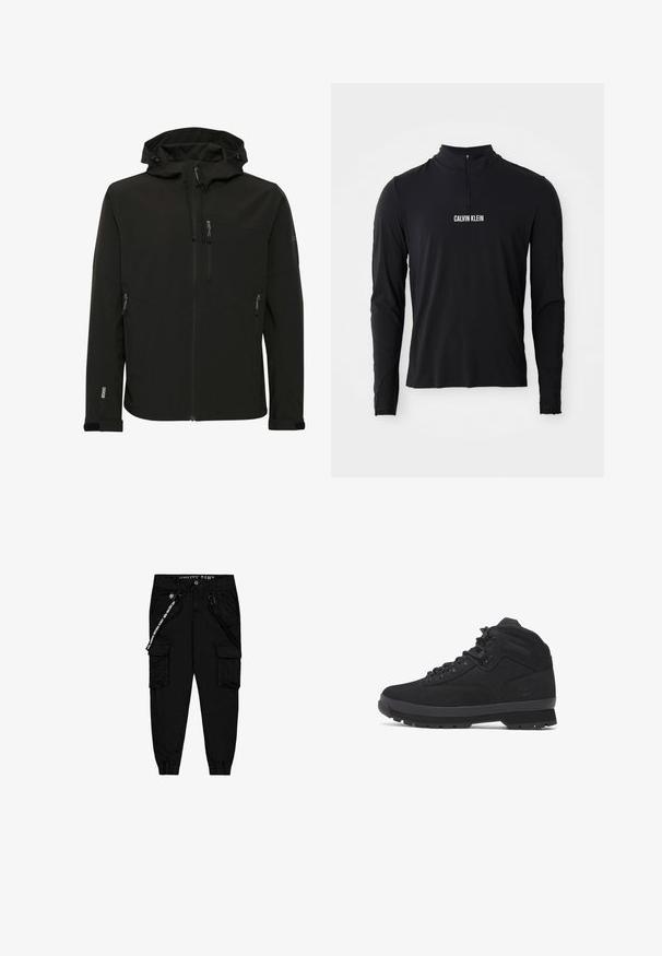 Schwarze Softshell-Jacke mit passender Kapuze, Reißverschlusstaschen, strukturiertem Stoff und kontrastierenden Nähten entlang der Schultern und Seiten.; Schwarzes Langarmoberteil mit hohem Kragen, ausgestattet mit einem Viertel-Reißverschluss und weißem "CALVIN KLEIN" Logo auf der Vorderseite. Glatter, elastischer Stoff.; Schwarze Cargo-Hose aus leichtem Stoff, mit zwei Seitentaschen, einem elastischen Bund und verstellbaren Beinabschlüssen.; Schwarze halbhohe Wanderstiefel aus Wildleder und Nylon, mit runden Schnürsenkeln, verstärkten Ösen und einer strukturierten Gummisohle mit gemustertem Profil.