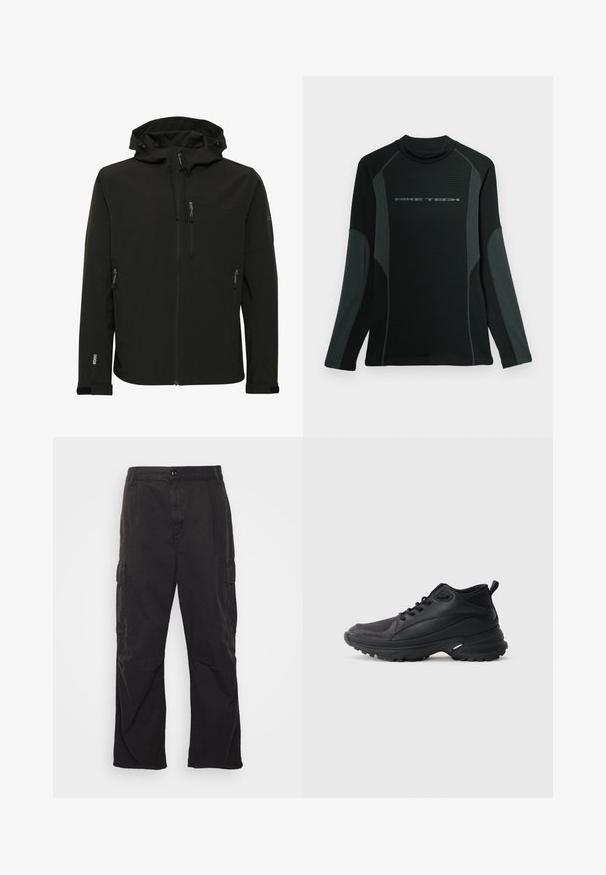 Veste softshell noire avec une capuche ajustée, poches zippées, tissu texturé et coutures contrastées le long des épaules et des côtés.; Chemise noire à manches longues avec col haut, fabriquée en tissu texturé. Présente des panneaux latéraux gris et le logo "NIKE TECH" sur la poitrine.; Pantalons cargo noirs avec une coupe droite, dotés de deux poches latérales, d'une fermeture à bouton et d'un tissu texturé.; Chaussures de sport noires en matériau synthétique. Dotées d'un col rembourré, d'un embout rond, d'une semelle extérieure robuste avec traction, et d'un détail avec le logo de la marque.