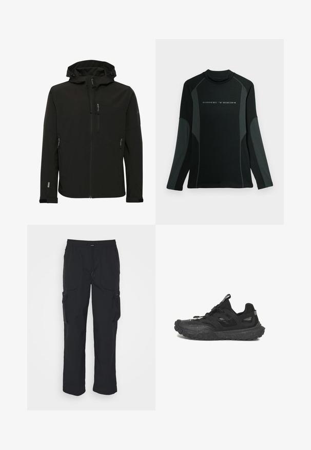 Schwarze Softshell-Jacke mit passender Kapuze, Reißverschlusstaschen, strukturiertem Stoff und kontrastierenden Nähten entlang der Schultern und Seiten.; Schwarzes langärmliges Shirt mit hohem Kragen, aus strukturiertem Stoff. Hat graue Seitenpanels und das "NIKE TECH"-Logo auf der Brust.; Schwarze Cargo-Hosen aus gewebtem Stoff. Mit verstellbarem Bund, Seitentaschen und zwei Utility-Taschen mit Reißverschlüssen.; Schwarzer Sportschuh mit Mesh-Einsätzen, gesprenkelter Sohle und Zuglasche an Zunge und Ferse, von der Außenseite gesehen.