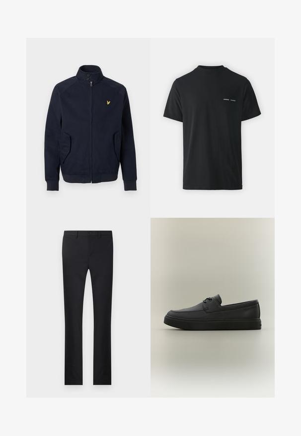 Marineblauwe jas met ritssluiting, hoge kraag, twee schuine zakken aan de voorkant, geribbelde manchetten en een klein geel vogel-logo op de linkerborst.; Zwarte katoenen T-shirt met een klassieke ronde hals, korte mouwen en twee kleine witte "SAMSØE" logo's op de linkerkant van de borst.; Zwarte broek met een rechtlopende pasvorm, gemaakt van soepel materiaal. Voorzien van zakken aan de voorkant, een knoopsluiting en riemlussen.; Zwarte casual leren loafer met veters en dikke rubberen zool, zijaanzicht op een neutrale achtergrond.