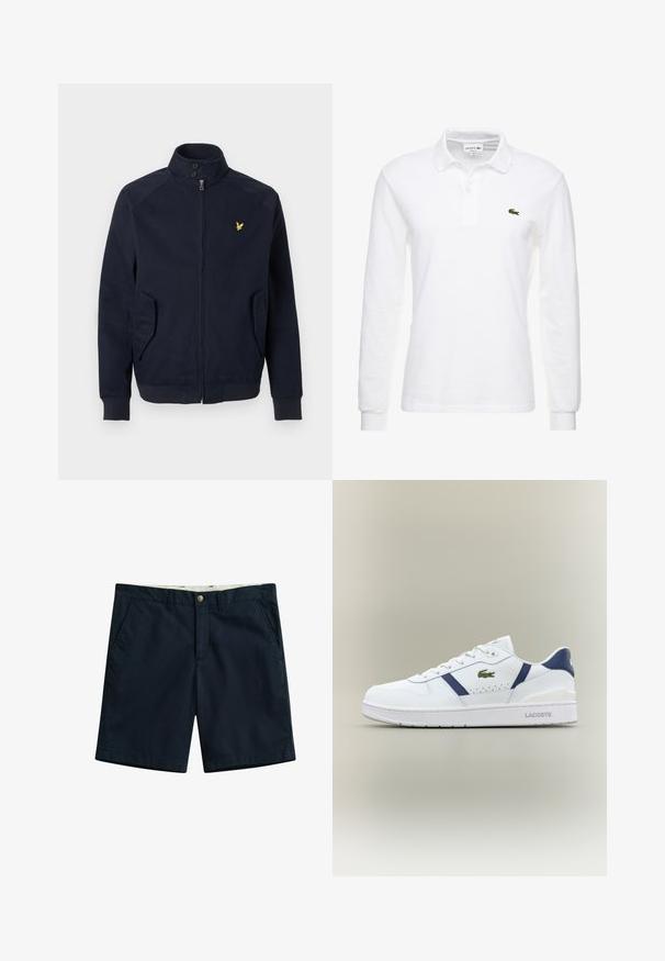 Navyblauer Reißverschlussjacke mit hohem Kragen, zwei schrägen Fronttaschen, gerippten Bündchen und einem kleinen gelben Vogel-Logo auf der linken Brust.; Weißes Langarm-Polohemd aus Baumwolle mit klassischem Kragen und kleinem grünem Lacoste-Logo auf der Brust. Glatte Textur.; Marineblaue Herren-Shorts mit vorderer Knopfleiste und Reißverschluss, Gürtelschlaufen und Seitentaschen, auf weißem Hintergrund dargestellt.; Weiße Lacoste-Sneaker mit marineblauen Akzenten, grünem Krokodil-Logo, Schnürdesign und markierten Sohlen auf neutralem Hintergrund.