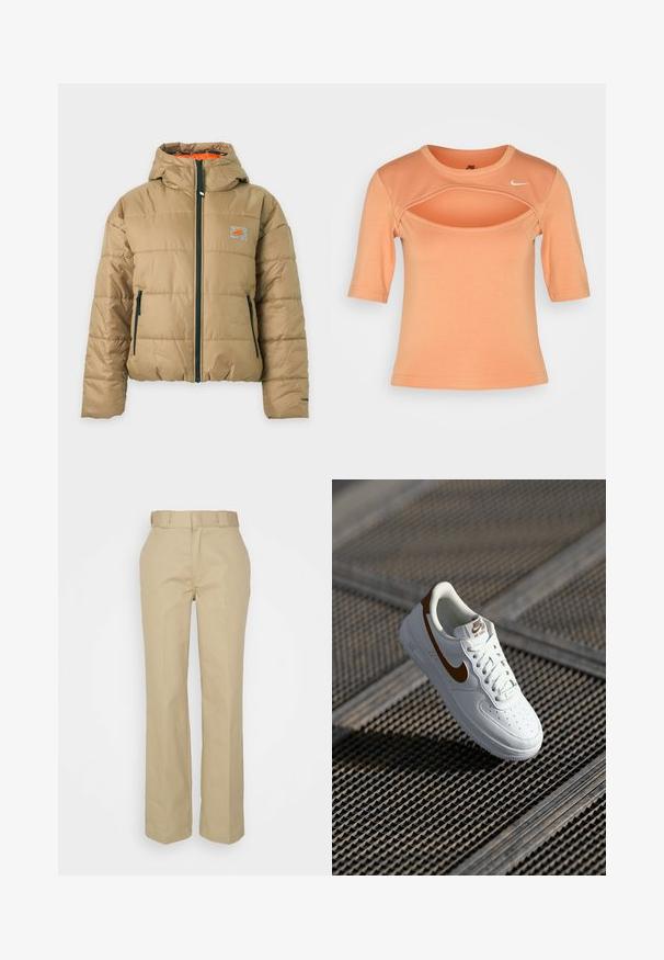 Béžová prešívaná bunda s kapucňou, čierny predný zips a vrecká, malé oranžové logo Nike na hrudi a oranžová vnútorná podšívka.; Nike Sportswear CUTOUT - Tričko s potlačou - amber brown/sail; Béžové, strihané nohavice s rovnými nohavicami, pútka na opasok v páse a hladká textúra podobná bavlne. Jednoduché a funkčné.; Biela kožená teniska s perforáciami, hnedým logom Nike a šnúrkami. Má textúrovanú podrážku a polstrovaný golier.