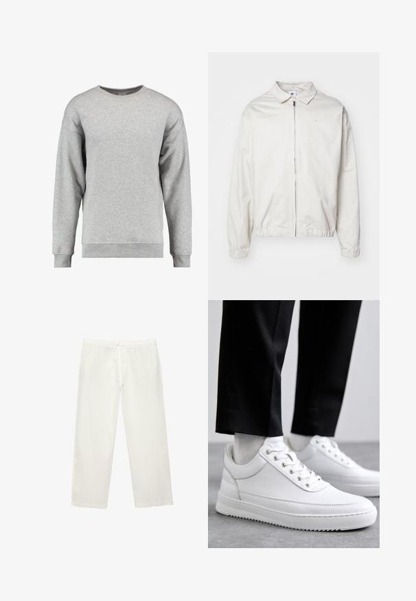 Weiße, leichte Nike-Jacke mit kragenförmigem Ausschnitt, Reißverschluss vorne, elastischen Bündchen und einem kleinen Logo auf der linken Brust. Glatte Textur.; Grau Crewneck-Pullover aus weicher Baumwolle. Verfügt über lange Ärmel, gerippte Bündchen und Saum sowie ein schlichtes, unauffälliges Design.; Weiße, locker sitzende Hose mit elastischem Bund und vorderer Bindung, aus leichtem Stoff, frontal auf weißem Hintergrund präsentiert.; Weiße Leder-Sneaker mit flacher Gummisohle, ausgestattet mit einer glatten Oberfläche, runder Zehenpartie und Metallösen für die Schnürsenkel. Getragen mit schwarzen Hosen.