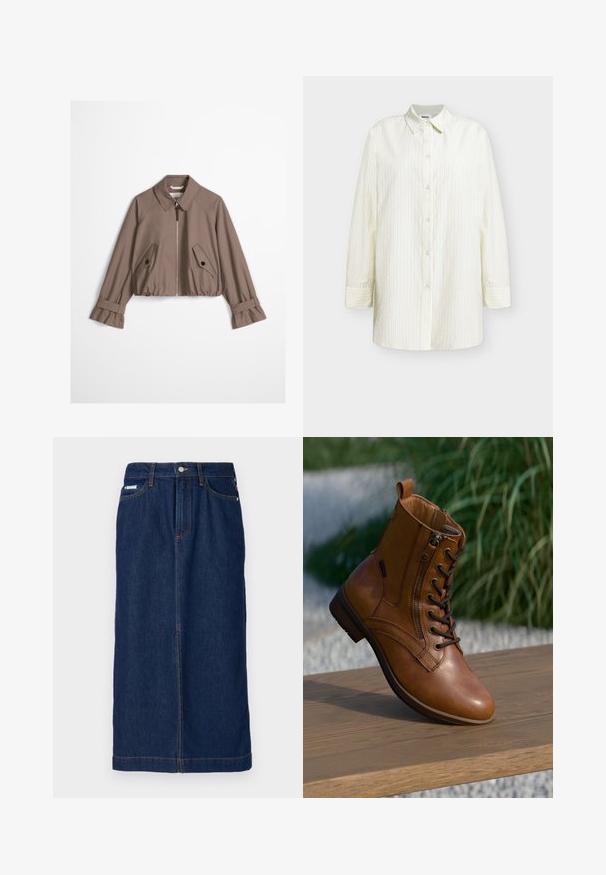 Taupe cropped jack met rits aan de voorkant, puntige kraag, twee schuine klepzakken met knopen, en verstelbare bandmanchetten.; Wit overhemd met lange mouwen, dunne verticale strepen en een puntige kraag, plat weergegeven tegen een witte achtergrond.; Donkerblauwe denimrok met een rechte snit, voorzien van oranje stiksels, een tailleband met lussen voor een riem en voorkantzakken.; Bruine leren enkellaars met zijrits en veters, geplaatst op een houten oppervlak buiten met vervaagde groene achtergrond.
