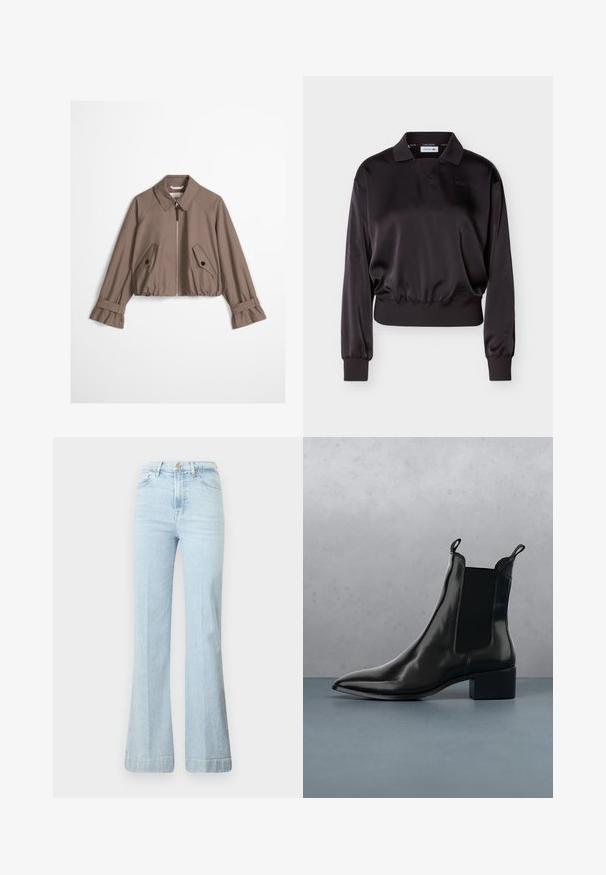 Taupe cropped jakke med frontlynlås, spids krave, to skrå knap-lukkede klaplommer og justerbare stropmanchetter.; Sort, langærmet polo i satin med ribstrikkede ærmekanter og kant, med et diskret broderet logo på brystet.; Lyseblå flagrende jeans lavet af denim. Har høj talje, lynlåsog to forlommer. Subtilt slid på stoffet, ren søm.; Sort læder Chelsea boot med spids tå, elastiske sidepaneler og en kraftig hæl, hvilende over en overflade med sten- og trædesign.