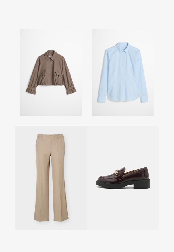 Taupe cropped jack met rits aan de voorkant, puntige kraag, twee schuine klepzakken met knopen, en verstelbare bandmanchetten.; Lichtblauw overhemd met lange mouwen, klassieke kraag en een subtiel geborduurd logo op de borst. Soepele, frisse stoftextuur.; Beige damesbroek met riemlussen, een voorvouw en een rechte wijde pijp op een effen witte achtergrond.; Bruine leren instapschoen met een gouden accent gesp, zwarte blokhak en een gladde textuur. Het zijaanzicht toont de ronde neus en gestikte details.