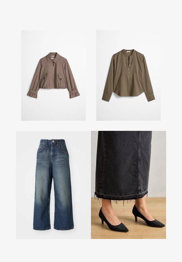 Veste courte taupe avec fermeture éclair à l'avant, col pointu, deux poches à rabat boutonnées inclinées et poignets à sangles réglables.; Blouse décontractée marron à manches longues avec col mandarin, pli à l'avant et ourlet légèrement arrondi, étalée à plat sur un fond blanc.; Jeans en denim à jambe large dans un bleu moyen, présentant des poches avant, une fermeture à bouton et à zip, et un léger délavage sur les cuisses.; Escarpins en suede noirs avec un bout pointu et un talon de 3 pouces, associés à une longue jupe en denim foncé présentant des détails d'ourlet effilochés.