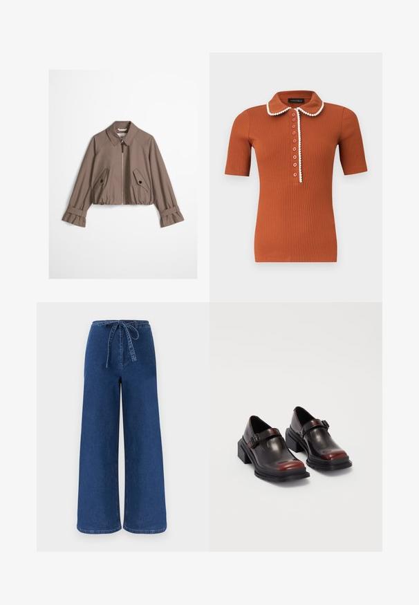 Taupe cropped jack met rits aan de voorkant, puntige kraag, twee schuine klepzakken met knopen, en verstelbare bandmanchetten.; Roestkleurig geribbeld poloshirt met korte mouwen, een afgeronde kraag en zeven knopen, met witte bies langs de kraag en het knopenpad.; Blauwe wijde spijkerbroek met een hoge taille en een stoffen ceintuur die aan de voorkant in een strik is gebonden.; Leren blokhak schoenen met een glanzende donkerburgundy afwerking, voorzien van een gespstrap en een rond neusstuk. Getextureerde zool voor grip.
