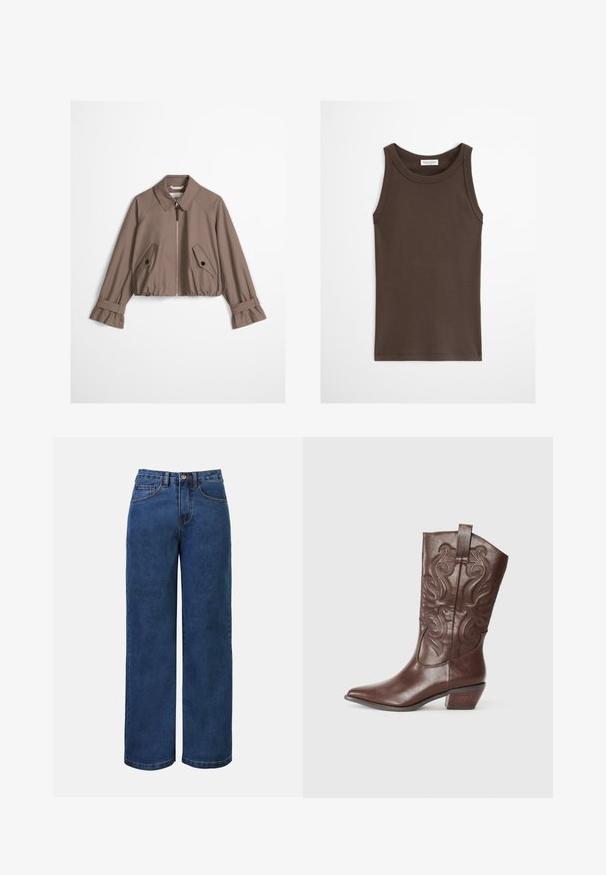 Taupe cropped jakke med frontlynlås, spids krave, to skrå knap-lukkede klaplommer og justerbare stropmanchetter.; Mørkebrun ærmeløs tætsiddende tanktop med rund halsudskæring, vist mod en ensfarvet lys baggrund.; Mørkeblå denim bukser med bred benvidde og høj talje, der har knaplukning, bæltestropper samt for- og baglommer. Glat tekstur.; Brune læder cowboystøvle med spids tå, dekorativ syning på skaftet og en lav stablet hæl. Glat tekstur med en poleret overflade.
