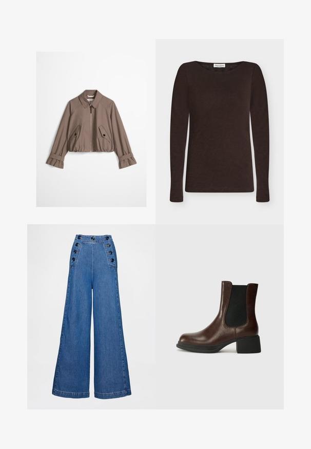 Veste courte taupe avec fermeture éclair à l'avant, col pointu, deux poches à rabat boutonnées inclinées et poignets à sangles réglables.; Chemise marron foncé à manches longues et col rond, confectionnée dans un tissu léger avec une coupe ajustée et sans motifs ni décorations visibles.; Jean large taille haute en denim bleu moyen, avec boutons à l'avant, poches latérales et texture lisse.; Bottine en cuir marron avec un bout arrondi, un panneau latéral élastique et un talon épais noir. Texture lisse avec un design minimaliste.