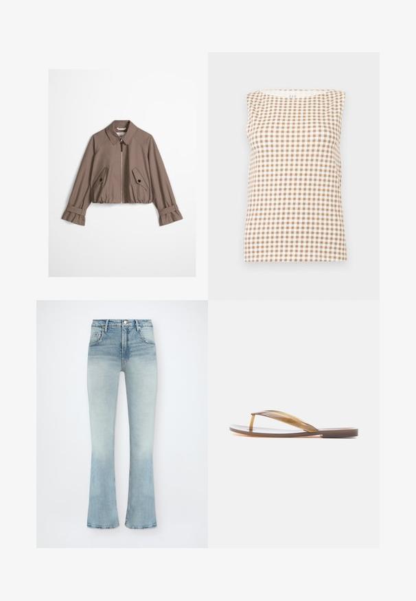 Veste courte taupe avec fermeture éclair à l'avant, col pointu, deux poches à rabat boutonnées inclinées et poignets à sangles réglables.; Haut sans manches à carreaux vichy beige et blanc avec un col rond, présenté à plat sur un fond gris clair.; Jean en denim bleu clair taille haute avec lavage délavé, poches avant, fermeture par boutons, et jambes légèrement évasées sur fond blanc.; Tongs translucides marron unique avec semelle plate et bride entre les orteils, vue de côté sur fond blanc.
