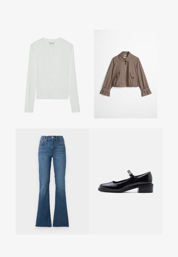 Taupe cropped jakke med frontlynlås, spids krave, to skrå knap-lukkede klaplommer og justerbare stropmanchetter.; Hvid langærmet top lavet af ribbet stof, med en rund halsudskæring og en knaplukning foran med seks klare knapper.; Blå højtaljede denimjeans med let falmet effekt, knap- og lynlås foran, fem lommer og vidde ben mod en ensfarvet hvid baggrund.; Sort laklæder Mary Jane-sko med lav blokhæl og justerbar rem med spænde på ensartet lys baggrund.