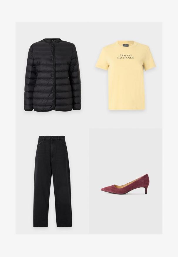 Schwarze, gesteppte leichte Jacke mit rundem Kragen, Druckknöpfen vorne und langen Ärmeln, dargestellt auf weißem Hintergrund.; Gelbes Baumwoll-T-Shirt mit rundem Ausschnitt und kurzen Ärmeln, vorne mit dem Schriftzug "ARMANI EXCHANGE" in kontrastierendem Grau bedruckt.; Schwarze Jeans aus Denim mit hoher Taille, geradem Beinausschnitt, Knopfverschluss und klassischem Fünf-Taschen-Design. Glatte Textur mit dezentem Nähen.; Bordeauxleder Pumps mit hohem Absatz, spitzem Zehenbereich, niedrigem Absatz und glatter Innenauskleidung. Strukturiertes Äußeres und elegantes, klassisches Design.