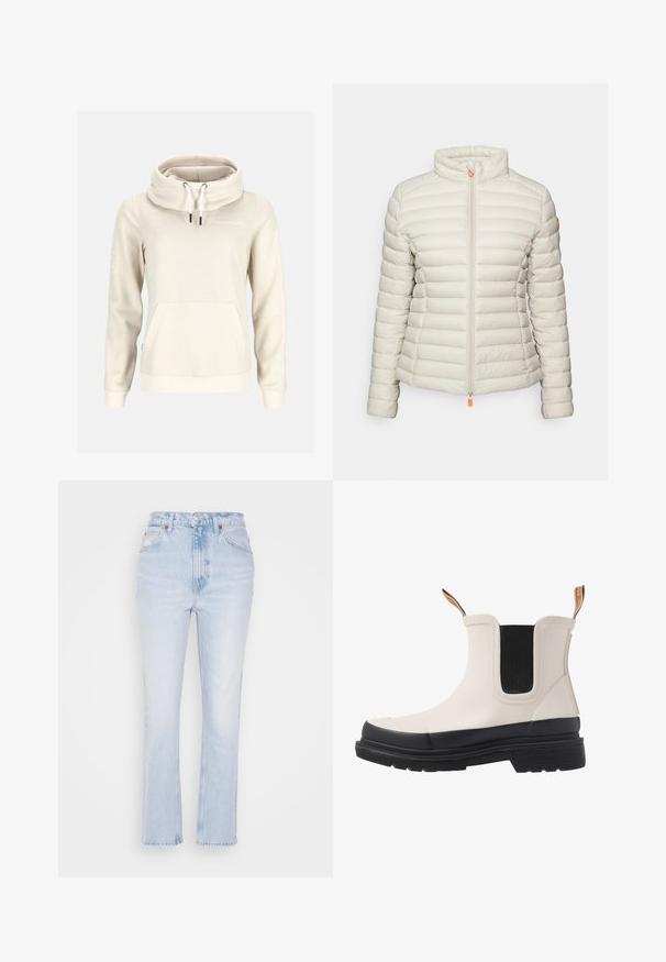 Hellbeige Steppjacke mit hohem Kragen, gestepptem Design, durchgehendem Reißverschluss vorne und kontrastierendem orangenem Reißverschluss-Zug.; Beigefarbener Hoodie mit langen Ärmeln, hohem Kragen, weißen Kordeln, Kängurutasche vorn und kleinem "Swedemount"-Logo auf der Brust.; RE/DONE Jeans Straight Leg - nu disco; Gummistiefel in Creme mit einer schwarzen Sohle, elastischem Seitenpaneel und Zuglaschen. Verfügt über eine glatte Oberfläche und eine strukturierte Laufsohle für besseren Halt.