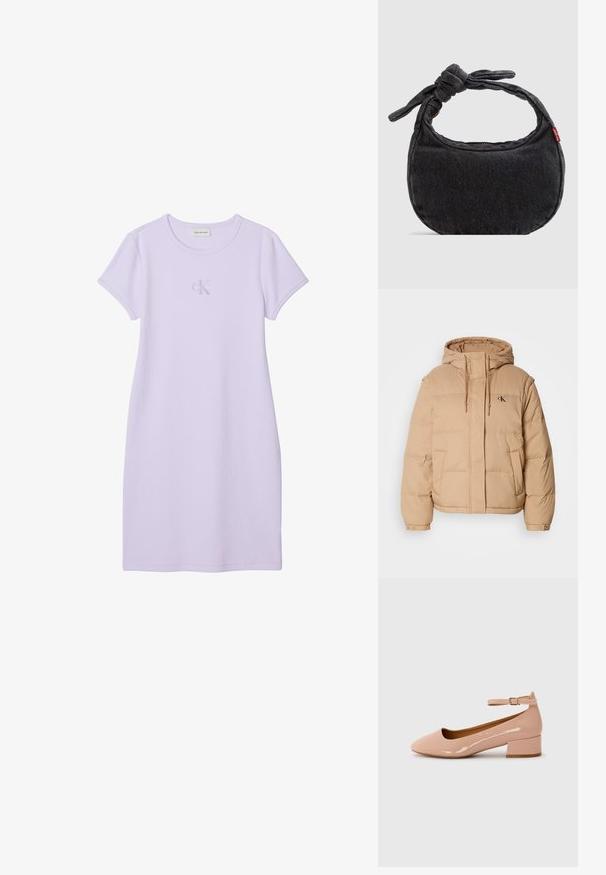 Beige vinterjakke med hætte, med lynlås foran, to sidelommer og et lille logo på venstre bryst. Blød, quiltet tekstur.; Lys lilla kortærmet casual kjole med rund hals og diskret Calvin Klein-logo centreret på brystet.; Patentlakerede lyserøde flade sko med rund tå, ankelstrop og lav blokhæl. Glat tekstur og minimalistisk design.; Lille sort denim skuldertaske med knyttet rem og lynlåslukning, med en rød Levi's stofetiket på siden.