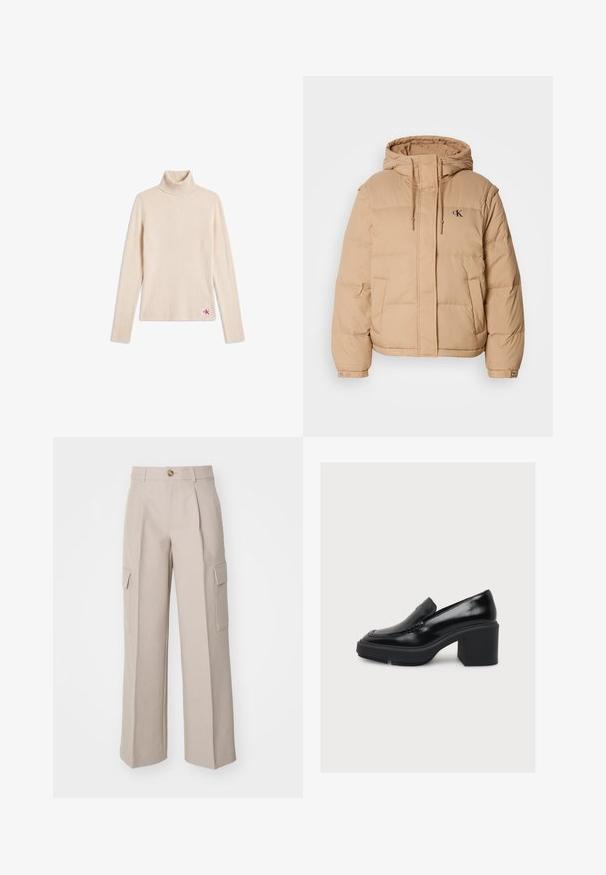 Doudoune beige avec capuche, dotée d'une fermeture éclair à l'avant, de deux poches latérales et d'un petit logo sur la poitrine gauche. Texture douce et matelassée.; Pull beige côtelé à col roulé manches longues avec un petit patch logo près de l'ourlet inférieur sur fond blanc.; Pantalons larges beiges en tissu, avec des plis avant et deux poches cargo sur les côtés. Comprend une fermeture à bouton à l'avant.; Mocassin en cuir noir avec un talon haut et épais ainsi qu'une semelle plateforme, présenté de profil sur un fond blanc uni.