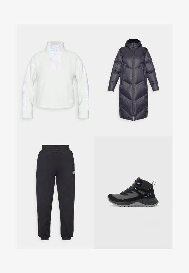 Burton WOMENS LONG JACKET - Down coat - true black; Fleece pullover in light mint with a half-zip collar. Features iridescent accent stripes on sleeves and a textured material.; The North Face W MOUNTAIN ATHLETICS - Tracksuit bottoms - black; Black and gray high-top hiking shoe with purple accents, thick sole, textured grip, and pull tab at the heel.