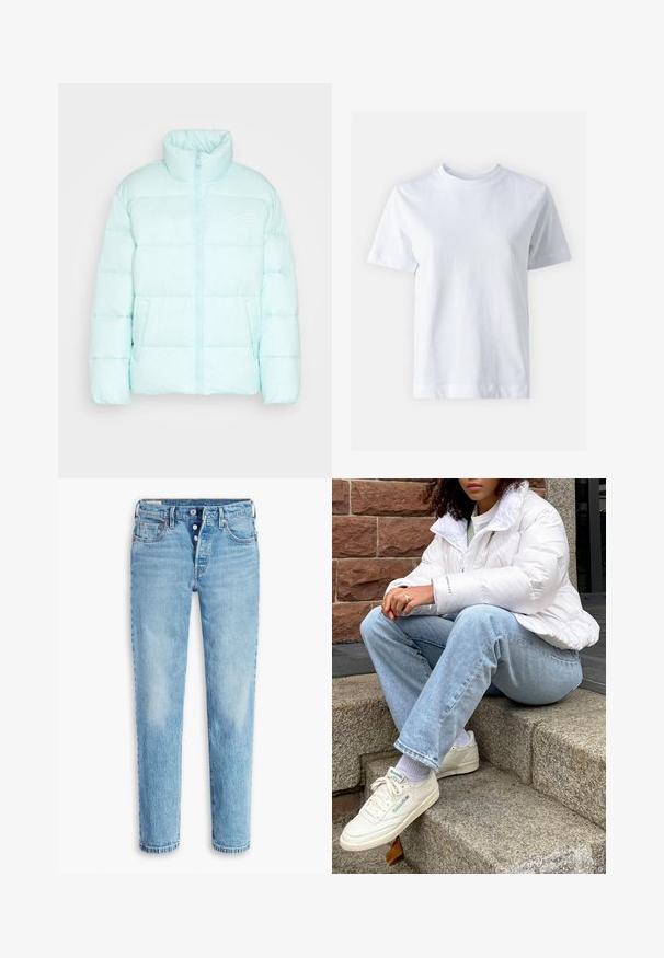 Chaqueta acolchada de menta clara con cuello alto, cremallera frontal y dos bolsillos laterales. Presenta un logo blanco en el lado izquierdo. Textura suave.; T-shirt de algodón blanco con cuello redondo, mangas cortas, corte recto y textura suave. Sin patrones ni adornos.; Jeans de denim azul claro con un diseño de pierna recta, estilo de cinco bolsillos y cierre de botón. Presentan áreas deslavadas y efecto de arrugas para dar textura.; Chaqueta de plumas blanca con cuello alto, jeans de mezclilla azul claro y zapatillas Reebok blancas. Escalones de piedra texturizados en el fondo.
