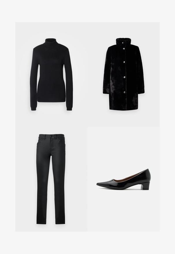 Manteau en fausse fourrure noir avec un col haut et cinq boutons devant, manches longues et coupe droite, présenté sur un fond clair.; Pull en col roulé noir fabriqué dans un tissu en maille douce, présentant des manches longues et une silhouette ajustée avec un col et un ourlet côtelés.; TOM TAILOR TTLUCIE SKINNY FIT - Jeans Skinny - coated black denim; Escarpin à talon bas en cuir verni noir, bout pointu et talon bloc courbé, présenté de profil sur un fond clair uni.