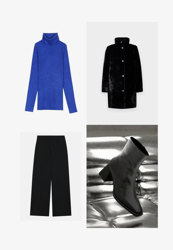 Must noir faux karvane pehme välistooted kõrge kaeluse ja viie esipainutusega, pikad varrukad ja sirge lõige, esitatud heledal ühetaolisel taustal.; Kuningrubiinist ribidega turtleneck-sweater, valmistatud tekstuurilisest kangast, pika varrukaga ja kokkuvolditava kaelusega, millel on saledat lõiget.; Laiad mustad püksid, mis on valmistatud siledast kangast. Omavad tasast vööpinki koos vöölõngadega ja ilma nähtavate taskuteta. Lihtne disain.; Must musta narmand, läikiva materjali ja ruudukujulise varbaga ning kitseneva kontsaga, paigutatud läikiva hõbedaselt tuftitud tausta ette.
