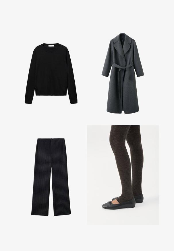 Mørkegrå uldfrakke med bælte, brede revers og lange ærmer. Ensfarvet med afslappet pasform og åben front.; Sort langærmet sweater lavet af blødt materiale med rund hals og ribbede manchetter, med et enkelt og lige snit design.; Sorte, smalle stribede bukser med brede ben, glat tekstur og en høj talje. Stoffet har en subtil glans og falder løst.; Ben iført mørke ribbede leggings kombineret med sorte balletsko med små sløjfedetaljer på hvid baggrund.