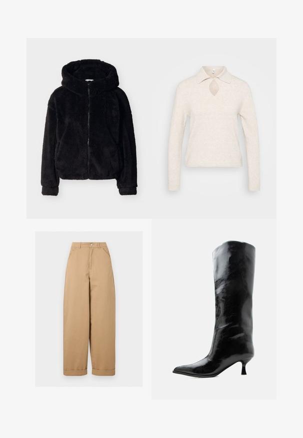 Veste à capuche noire et pelucheuse avec fermeture éclair à l'avant et manches longues, dotée d'une texture douce et moelleuse ainsi que de poches latérales.; Pull en maille beige clair avec col, découpe en forme de clé au niveau du décolleté et manches longues ; tissu texturé et doux avec une coupe décontractée.; Pantalon beige taille haute à jambes larges avec poches avant, passants de ceinture, fermeture par boutons et ourlets retroussés.; Botte en cuir noire brillante, haute jusqu'au genou, avec bout pointu et talon bas courbé sur un fond clair uni.