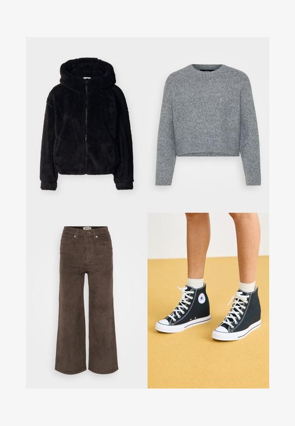 Sort, fluffy hættejakke med lynlås foran og lange ærmer, der har en blød, plyssort tekstur og sidelommer.; Grå, cropped sweater i et struktureret strik, med en rund halsudskæring og lange ærmer. Materialet ser blødt og varmt ud.; Brune bredbenede bukser i kordfløjl med ribbet tekstur, fem lommer og frontlukning med knap. Har et mærke i taljen.; Høje sneakers i mørkeblåt kanvas med hvide gummisåler, snørebånd og detaljer. Har et rundt logo og hvide syninger.