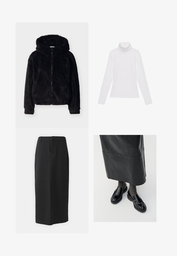 Chaqueta con capucha negra y peluda, con cremallera frontal y mangas largas, que presenta una textura suave y aterciopelada y bolsillos laterales.; Top blanco de manga larga y cuello alto, confeccionado en una tela suave y elástica. Presenta un diseño ajustado, sin patrones o adornos visibles.; Falda lápiz negra, hasta la rodilla, hecha de una tela suave. Cuenta con una abertura en la parte trasera y bolsillos laterales, con un diseño simple y un color neutro.; Mocasines de cuero negro con un acabado suave, que presentan una tira decorativa, puntera redonda y suela texturizada. Llevados con una falda larga de cuero negro.