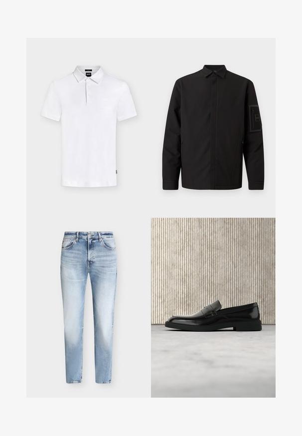 Zwarte lange mouwen jas met kraag, voorrits verborgen onder klep, zijzakken en een ritssluiting op het patch-zakje aan de linkermouw met logo.; Wit poloshirt met korte mouwen, kraag en drie knopen, met een subtiel "BOSS"-logo op de borst en een klein label aan de zijkant.; Lichtblauwe vervaagde slim-fit jeans met voorzakken en knoopsluiting, plat getoond tegen een effen achtergrond.; Zwarte gepolijste leren loafer die boven een beige tapijt zweeft met oranje doorschijnend meubilair op de achtergrond.