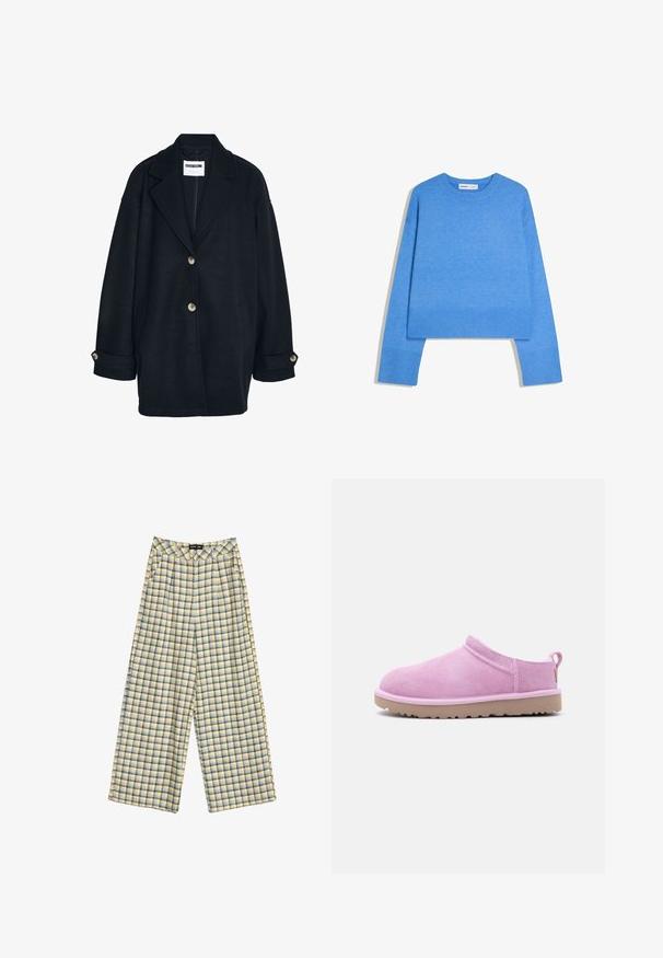 Manteau en laine sombre avec une coupe décontractée, grands revers, deux poches avant et deux boutons de fermeture. Présente des manches retroussées avec des accents de boutons.; Pull bleu à col rond avec manches longues et poignets et ourlet côtelés, posé à plat sur un fond blanc.; Pantalons larges à carreaux en bleu, jaune et crème. Tissu doux avec un design plissé et une étiquette à la taille.; Chaussure à enfiler en daim rose pâle avec une semelle en caoutchouc beige et un onglet à l'arrière, conçue pour un usage décontracté en intérieur comme en extérieur.