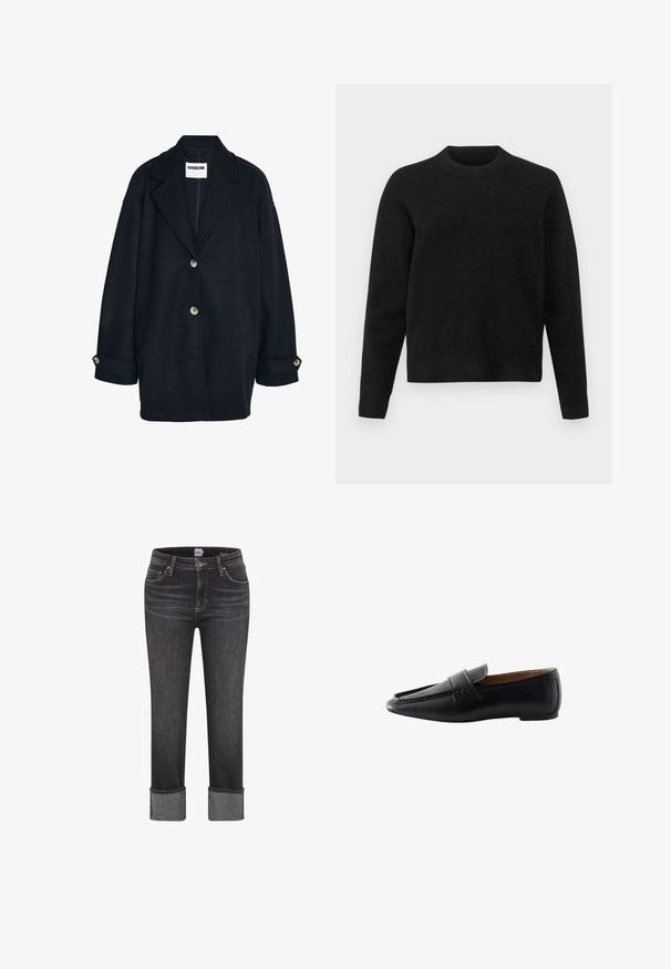 Manteau en laine sombre avec une coupe décontractée, grands revers, deux poches avant et deux boutons de fermeture. Présente des manches retroussées avec des accents de boutons.; Pull noir en tissu doux, avec un col rond, des manches longues et une coupe décontractée, présentant une texture lisse.; Jean droit gris foncé avec ourlets repliés, fermeture par bouton et zip à l'avant, passants de ceinture, et poches avant et arrière.; Mocassin slip-on en cuir noir avec un design moc toe et un talon bas, présenté en profil latéral sur fond blanc.
