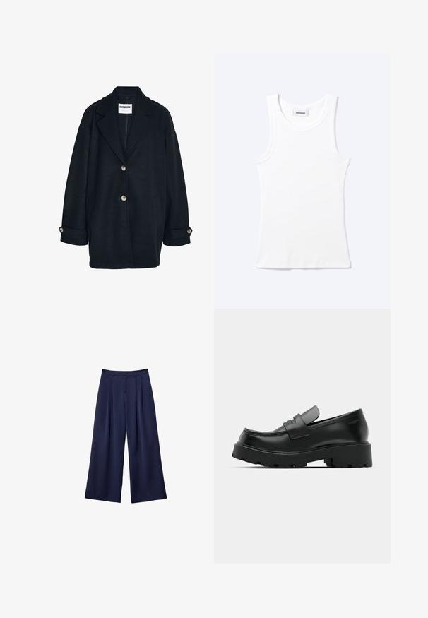 Manteau en laine sombre avec une coupe décontractée, grands revers, deux poches avant et deux boutons de fermeture. Présente des manches retroussées avec des accents de boutons.; Débardeur blanc côtelé sans manches avec encolure ronde et une petite étiquette indiquant "WEEKDAY" à l'intérieur du col.; Pantalons larges bleu marine avec des plis, taille à boutons et passants de ceinture, présentés à plat sur un fond blanc.; Mocassins en cuir noir avec une semelle épaisse et texturée, dotés d'une sangle sur le vamp et d'une finition lisse et polie.