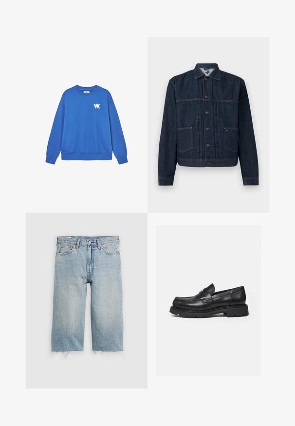Veste en denim bleu foncé avec fermeture à boutons, deux poches avant, manches longues et col, posée à plat sur un fond clair.; Sweatshirt bleu à col rond en coton doux, avec un logo blanc sur la poitrine gauche et des poignets et un ourlet à bords côtes. Texture lisse.; Shorts en denim bleu clair avec une coupe droite, ourlet effiloché, design à cinq poches et fermeture par bouton à la taille.; Mocassin en cuir noir avec semelle épaisse crantée et détail de bride penny, présenté en profil droit sur fond blanc.