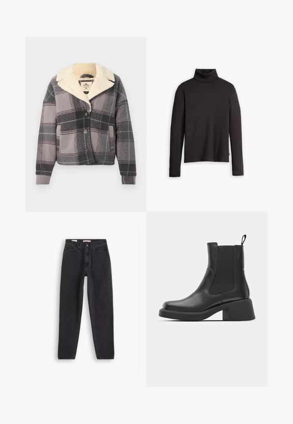 Geruite jas met een nepbonten kraag, met grijze, zwarte en roze tinten. Knopsluiting en zijzakken, gemaakt van zacht, gestructureerd stof.; Zwarte geribde turtleneck trui met lange mouwen en een fitted ontwerp. Zachte textuur, subtiele stretch en een label aan de onderzijde.; Zwarte denim jeans met een straight-leg ontwerp, voorzien van vijf zakken, sluiting met een knoop aan de voorkant en gestikte details langs de naden.; Zwarte leren enkellaarsjes met elastische zijpanelen, ronde neus en een stevige blokhak. Gladde textuur met een minimalistisch ontwerp.